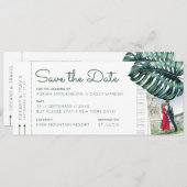 Tropisches Leaf Boarding Pass Foto Save the Date Ankündigung (Vorne/Hinten)