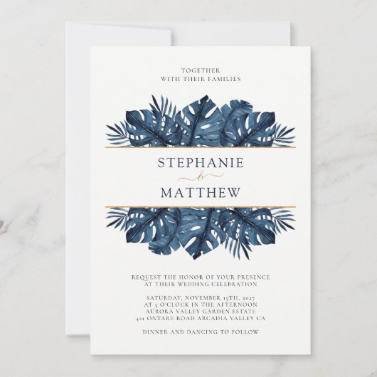 Tropisches Leaf Botanical Gold Navy Blue Wedding Einladung (Vorderseite)