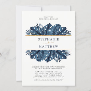 Tropisches Leaf Botanical Gold Navy Blue Wedding Einladung