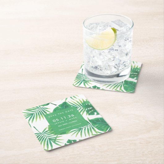 Tropisches Leaf-Hochzeitstil speichert das Datum Rechteckiger Pappuntersetzer (Vor Ort)