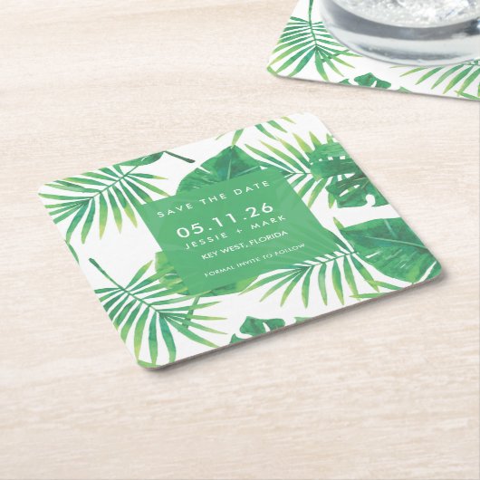 Tropisches Leaf-Hochzeitstil speichert das Datum Rechteckiger Pappuntersetzer (angewinkelt)