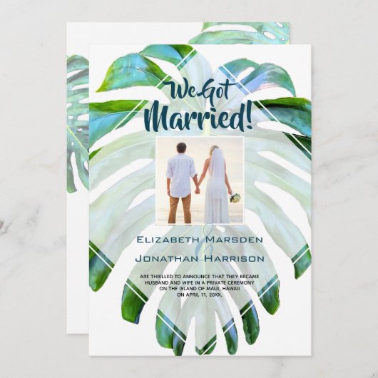 Tropisches Leaf Just Married Hochzeit Ankündigung (Vorne/Hinten)