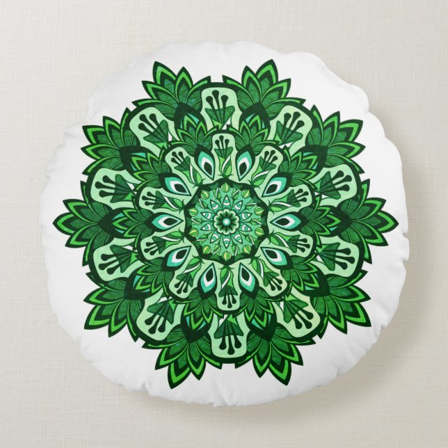 Tropisches Leaf Mandala auf White Boho Rundes Kissen (Vorderseite)