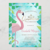 Tropisches Leaf Pink Flamingo Summer Quinceañera Einladung (Vorne/Hinten)