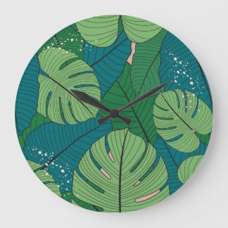 Tropisches Leaf-Tapestes: Vintage Verdure Große Wanduhr