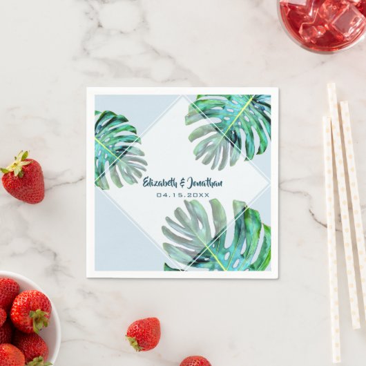 Tropisches Leaf Trendy Moderne Grüne Blaue Hochzei Serviette (Beispiel)