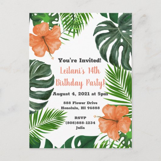 Tropisches Leaf und Hibiskus Party Einladungen (Vorderseite)