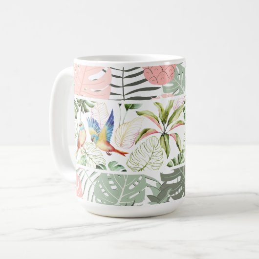 Tropisches Leaf- und Vogelmuster Kaffeetasse (Vorderseite Links)