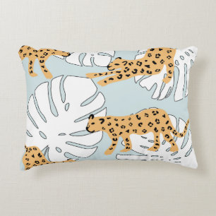 Tropisches Leopardentier und Monstera-Palmen-Blätt Dekokissen