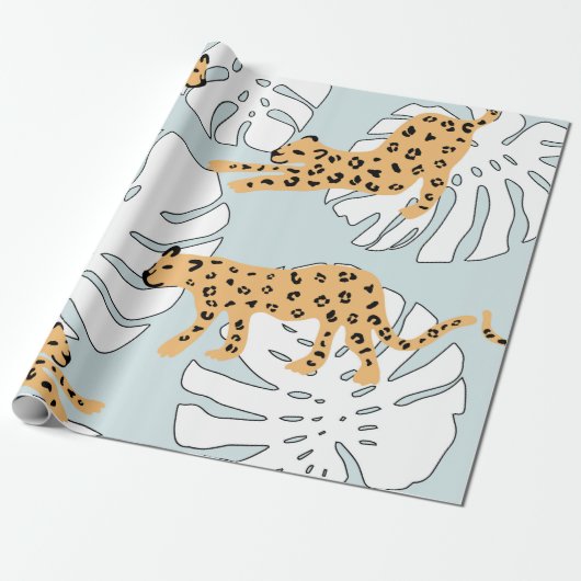 Tropisches Leopardentier und Monstera-Palmen-Blätt Geschenkpapier (Ungerollt)