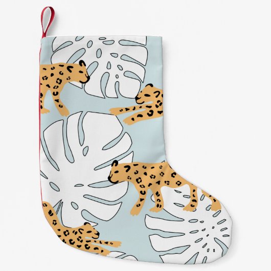 Tropisches Leopardentier und Monstera-Palmen-Blätt Kleiner Weihnachtsstrumpf (Vorderseite)