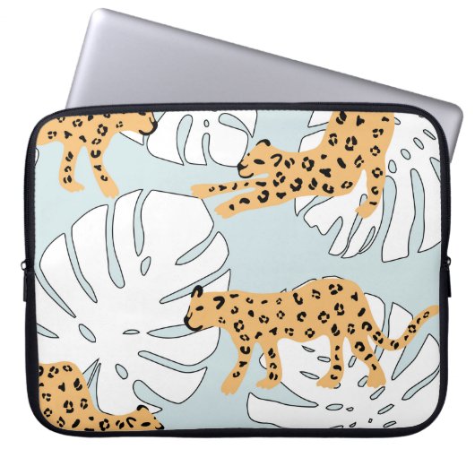 Tropisches Leopardentier und Monstera-Palmen-Blätt Laptopschutzhülle (Vorderseite)