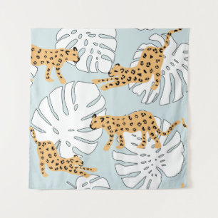 Tropisches Leopardentier und Monstera-Palmen-Blätt Wandteppich