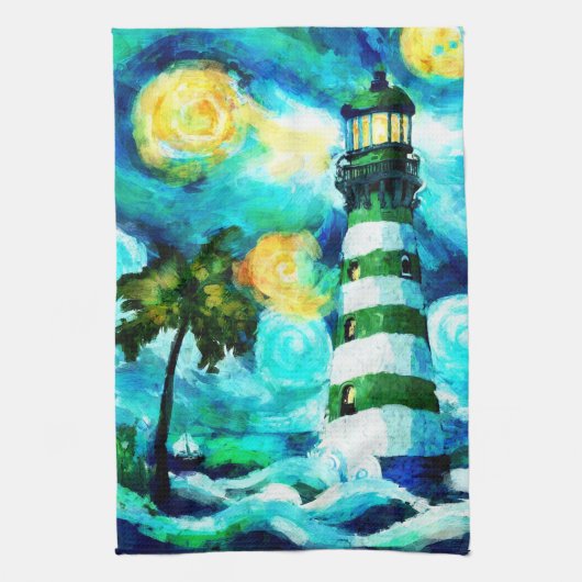 Tropisches Leuchtturm und Palmen beeindruckend Geschirrtuch (Vertikal)