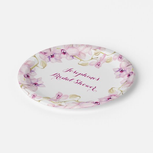 Tropisches Lila Orchids Brautparty Pappteller (Schrägansicht)