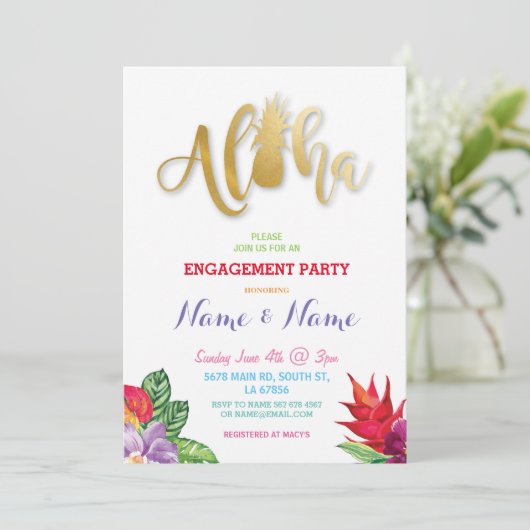 Tropisches Luau Aloha BlumenVerlobungs-Party laden Einladung (Stehend Vorderseite)