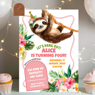 Tropisches Mädchen rosa Faultier Geburtstag Einladung