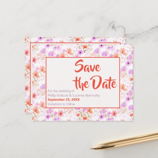 Tropisches Mango Orange Blumenmuster Save the Date Ankündigungspostkarte (Vorderseite/Rückseite Beispiel)