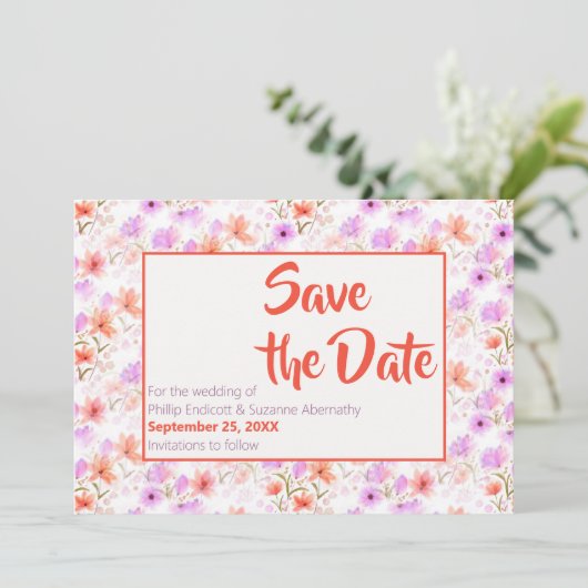 Tropisches Mango Orange Blumenmuster Save the Date Einladung (Stehend Vorderseite)