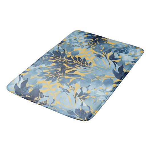 Tropisches Metallisches Blaues Blattdesign Badematte (Schrägansicht)