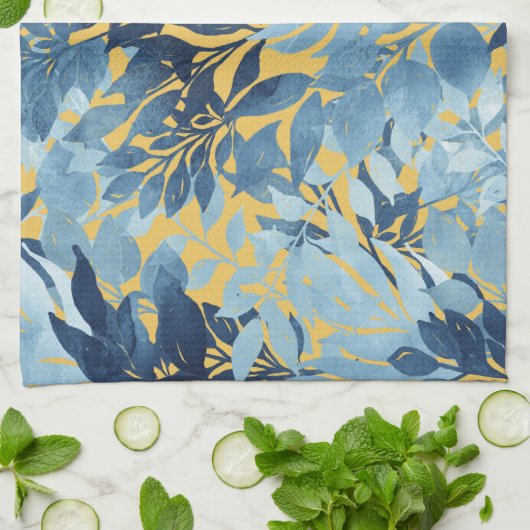 Tropisches Metallisches Blaues Blattdesign Geschirrtuch (Gefaltet)