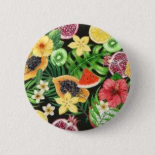 Tropisches Mischobst, Blume und Blätter auf schwar Button