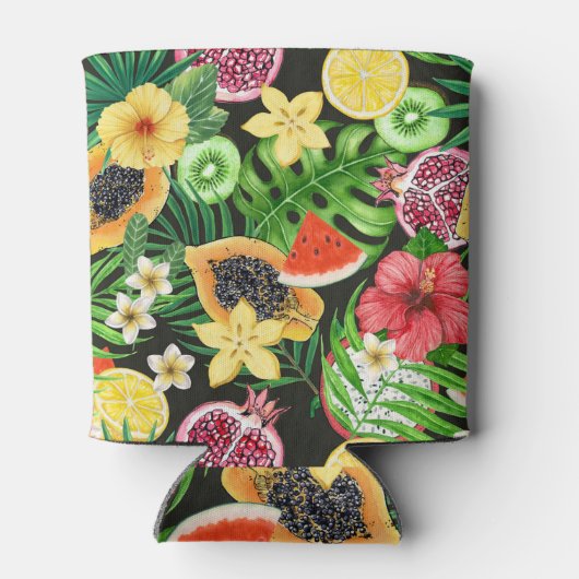 Tropisches Mischobst, Blume und Blätter auf schwar Dosenkühler (Rückseite)