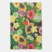 Tropisches Mischobst, Blume und Blätter auf schwar Geschirrtuch (Vertikal)