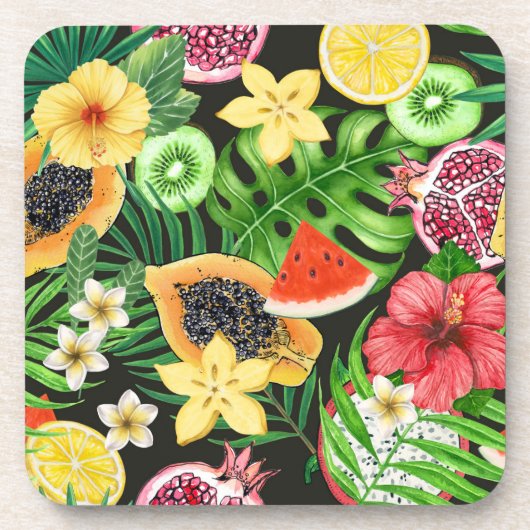 Tropisches Mischobst, Blume und Blätter auf schwar Getränkeuntersetzer (Vorderseite)