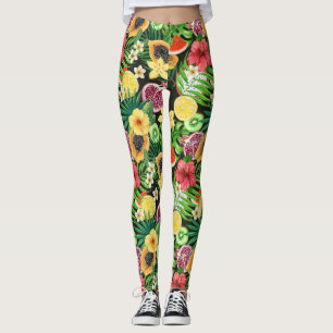Tropisches Mischobst, Blume und Blätter auf schwar Leggings