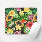 Tropisches Mischobst, Blume und Blätter auf schwar Mousepad (Mit Mouse)