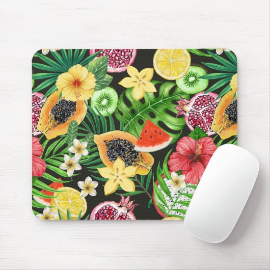 Tropisches Mischobst, Blume und Blätter auf schwar Mousepad (Mit Mouse)