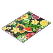 Tropisches Mischobst, Blume und Blätter auf schwar Notizblock (Linke Seite)