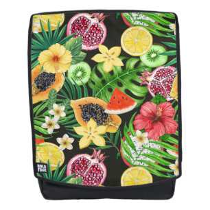 Tropisches Mischobst, Blume und Blätter auf schwar Rucksack