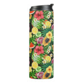 Tropisches Mischobst, Blume und Blätter auf schwar Thermosbecher (Nach links gedreht)