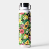 Tropisches Mischobst, Blume und Blätter auf schwar Trinkflasche (Rückseite)