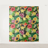 Tropisches Mischobst, Blume und Blätter auf schwar Wandteppich (Vorderseite)