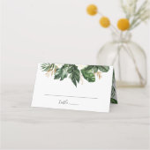 Tropisches modernes Palm Beach Floral Gold Leaf Platzkarte (Vorderseite)