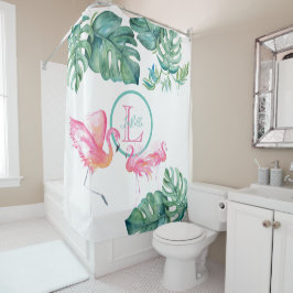 Tropisches Monogramm rosa Flamingo Badezimmer Deko Duschvorhang