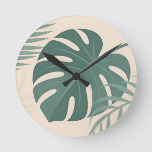 Tropisches Monstera-Blatt Botanische Ruhe Runde Wanduhr