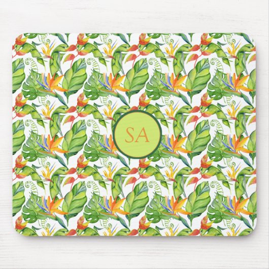 Tropisches Monstera Blätter Mit Monogramm Mousepad (Vorne)