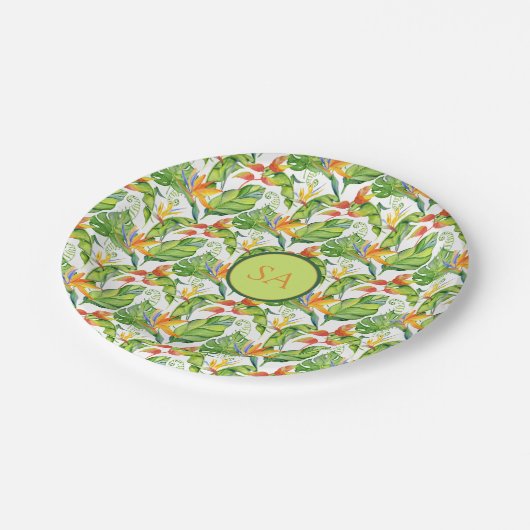 Tropisches Monstera Blätter Mit Monogramm Pappteller (Schrägansicht)