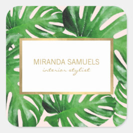 Tropisches Monstera Blätter Muster Rosa Quadratischer Aufkleber