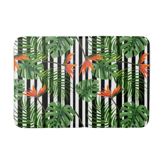 Tropisches Monstera-Gestreiftes Botanisches Muster Badematte (Vorderseite)