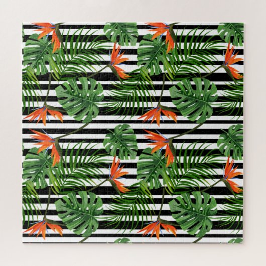 Tropisches Monstera-Gestreiftes Botanisches Muster Puzzle (Horizontal)