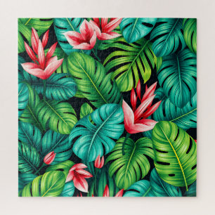 Tropisches Monstera Heliconia Dschungelmuster Puzzle