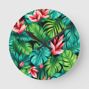 Tropisches Monstera Heliconia Dschungelmuster Runde Wanduhr
