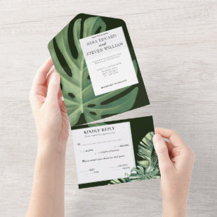 Tropisches Monstera Hochzeit in einer Wasserfarbe All In One Einladung