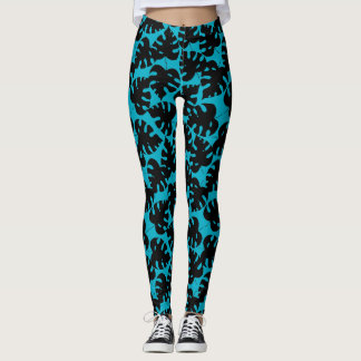 Tropisches Monstera-Muster in Schwarz und Aqua Bla Leggings