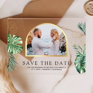 Tropisches Monstera-Palmen-Foto Hochzeit Save the  Acryleinladungen